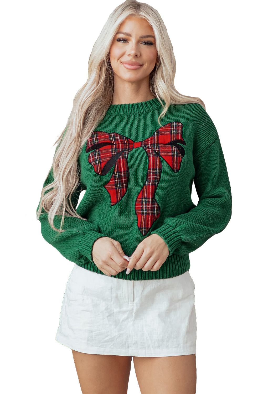 Evergreen Plaid Bow Graphic Christmas Sweater Dear-Lover Dropshipping