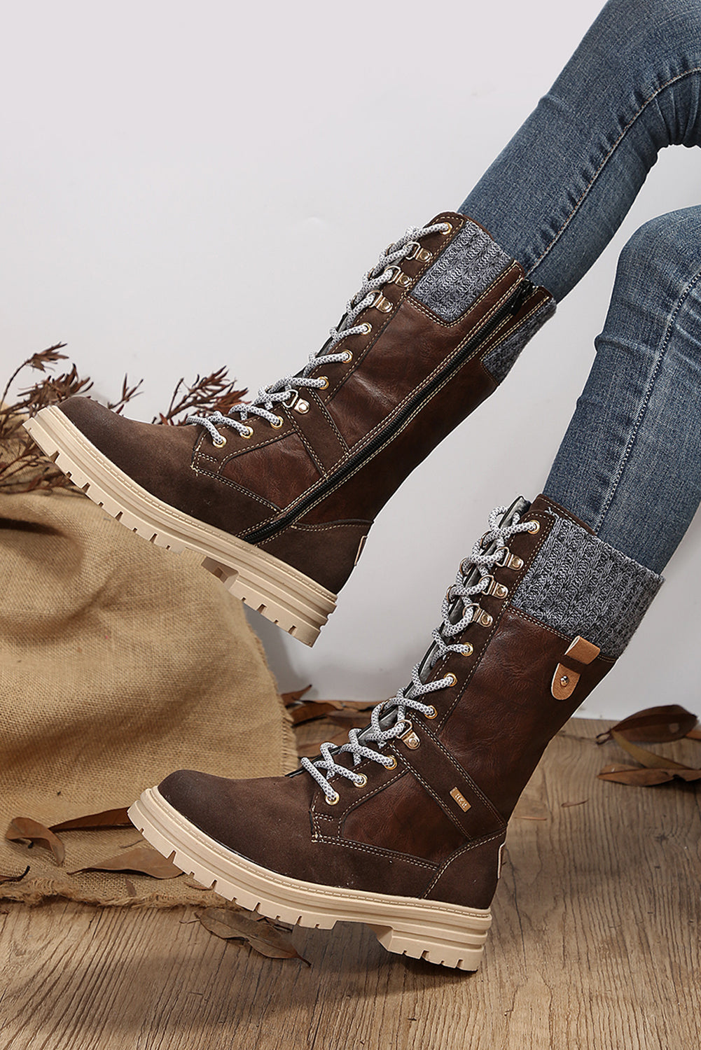 Coffee Wool Knit Patchwork Lace Up Leather Boots - Greta Bean & Co.