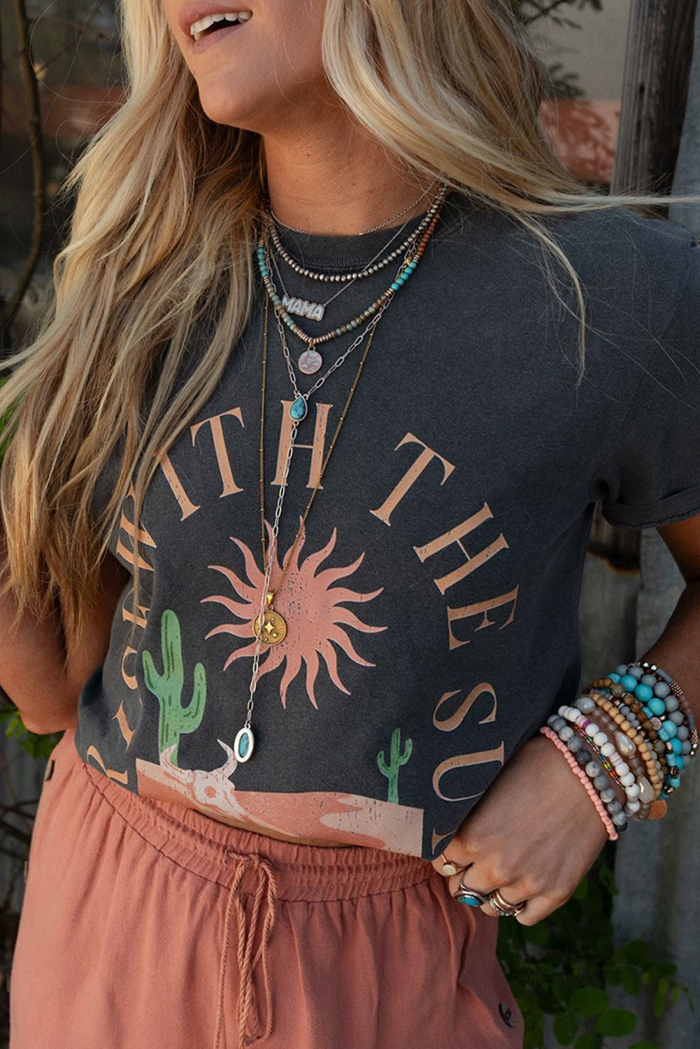 Dark Grey RISE WITH THE SUN Western Fashion Graphic Tee - Greta Bean & Co.