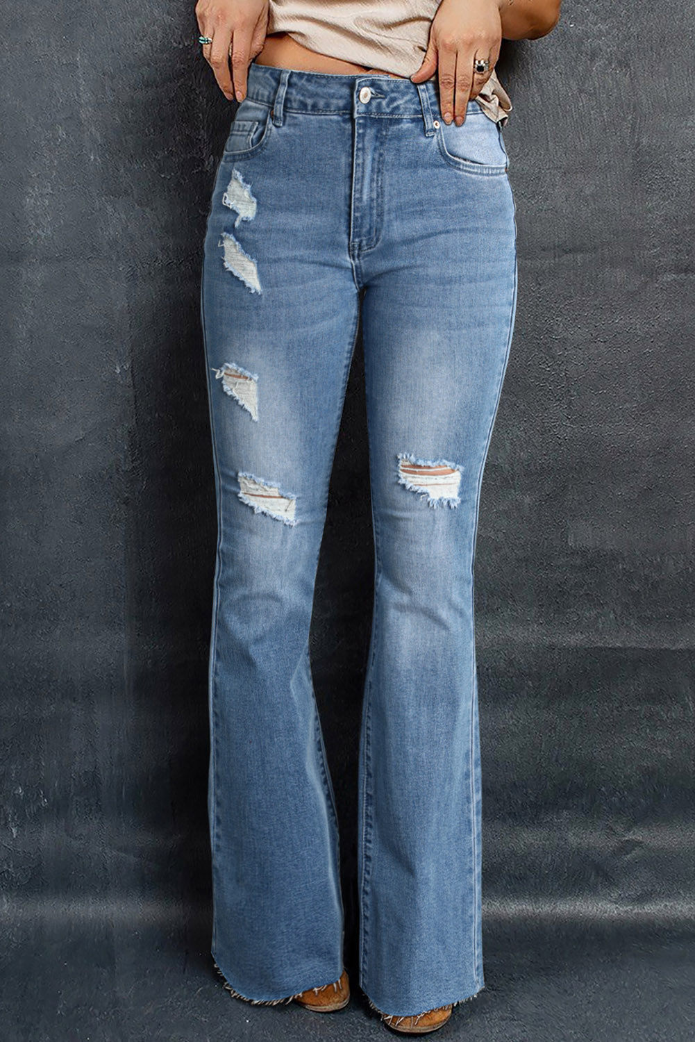 Sky Blue Dark Wash Mid Rise Flare Jeans Greta Bean & Co.