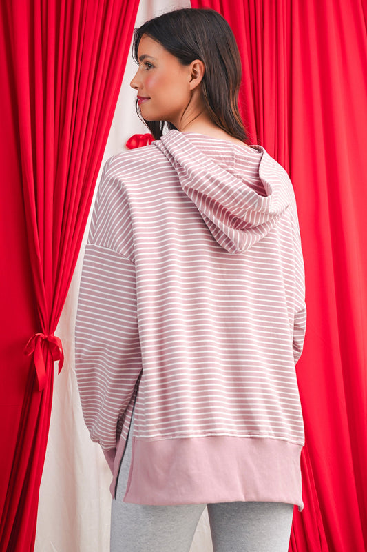 Purple Stripe Thumbhole Side Slits Drop Shoulder Loose Fit Hoodie Shewin