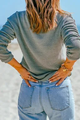 Green Waffle Knit Drop Shoulder Long Sleeve Top Greta Bean & Co.