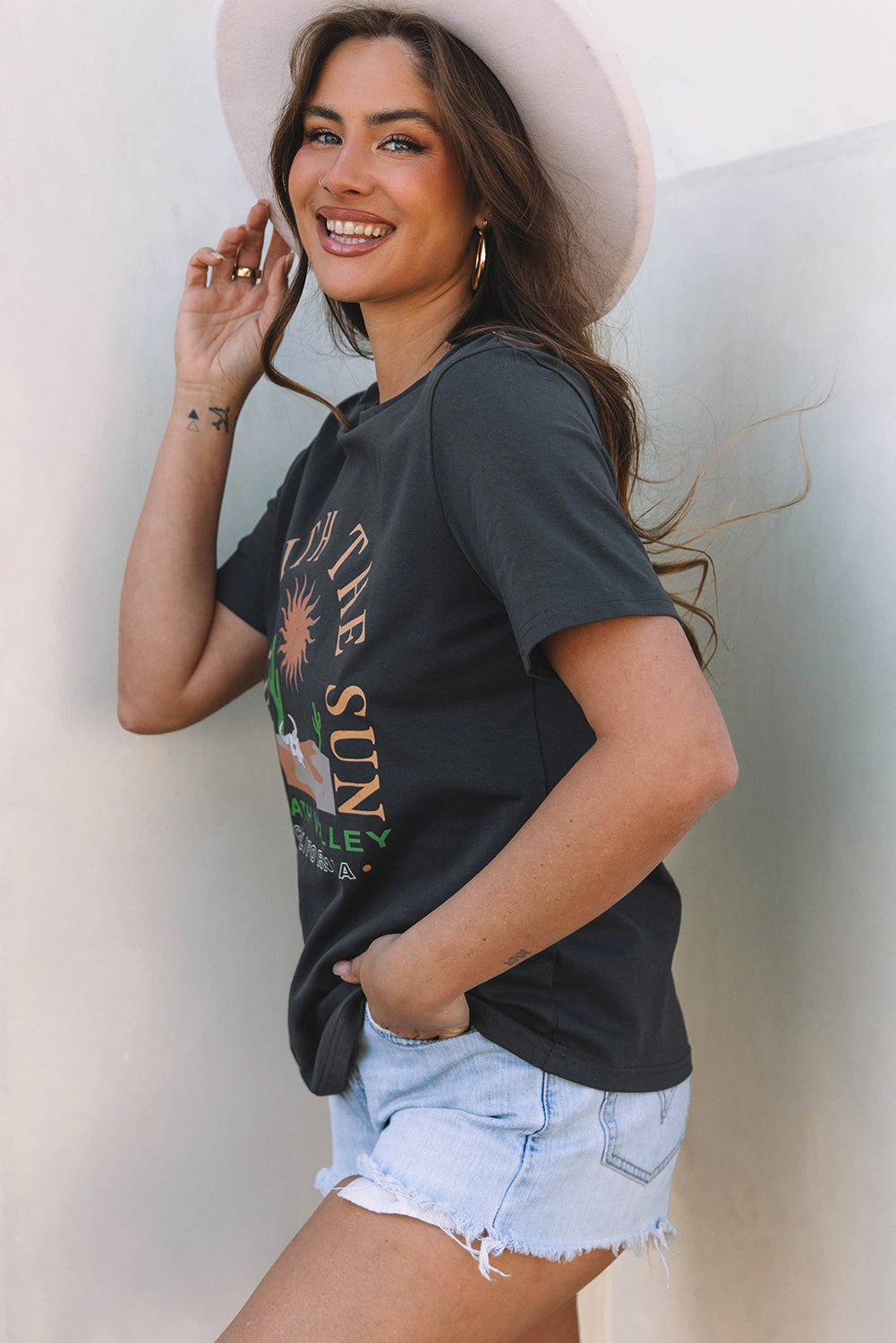 Dark Grey RISE WITH THE SUN Western Fashion Graphic Tee - Greta Bean & Co.