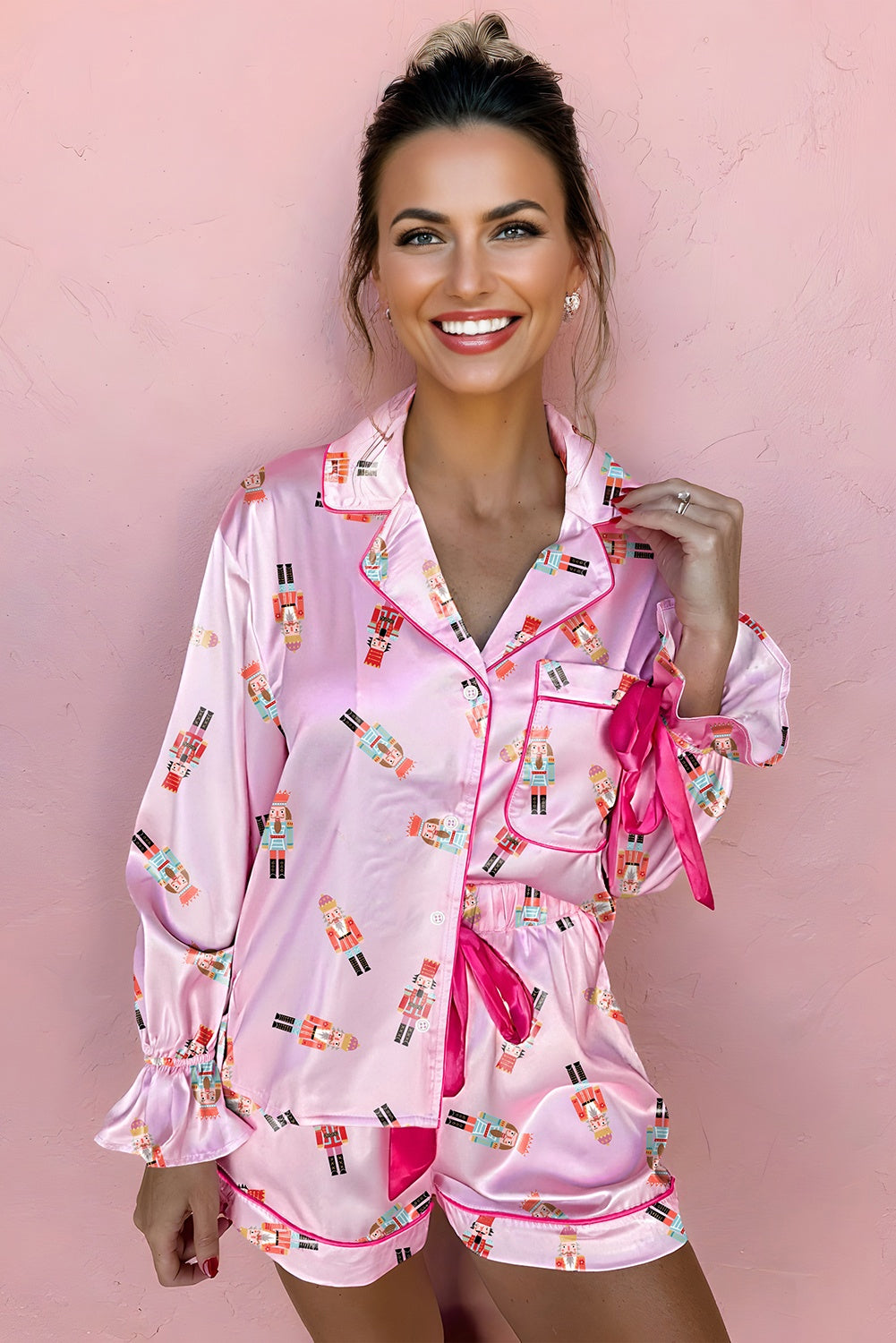 Beige Nutcracker Print Contrast Trim Tied up Bow Silky 2pcs Pajama Set Dear-Lover Dropshipping