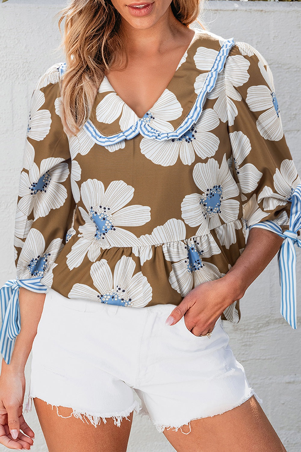 Floral & Striped Tie Sleeve Blouse Trendsi