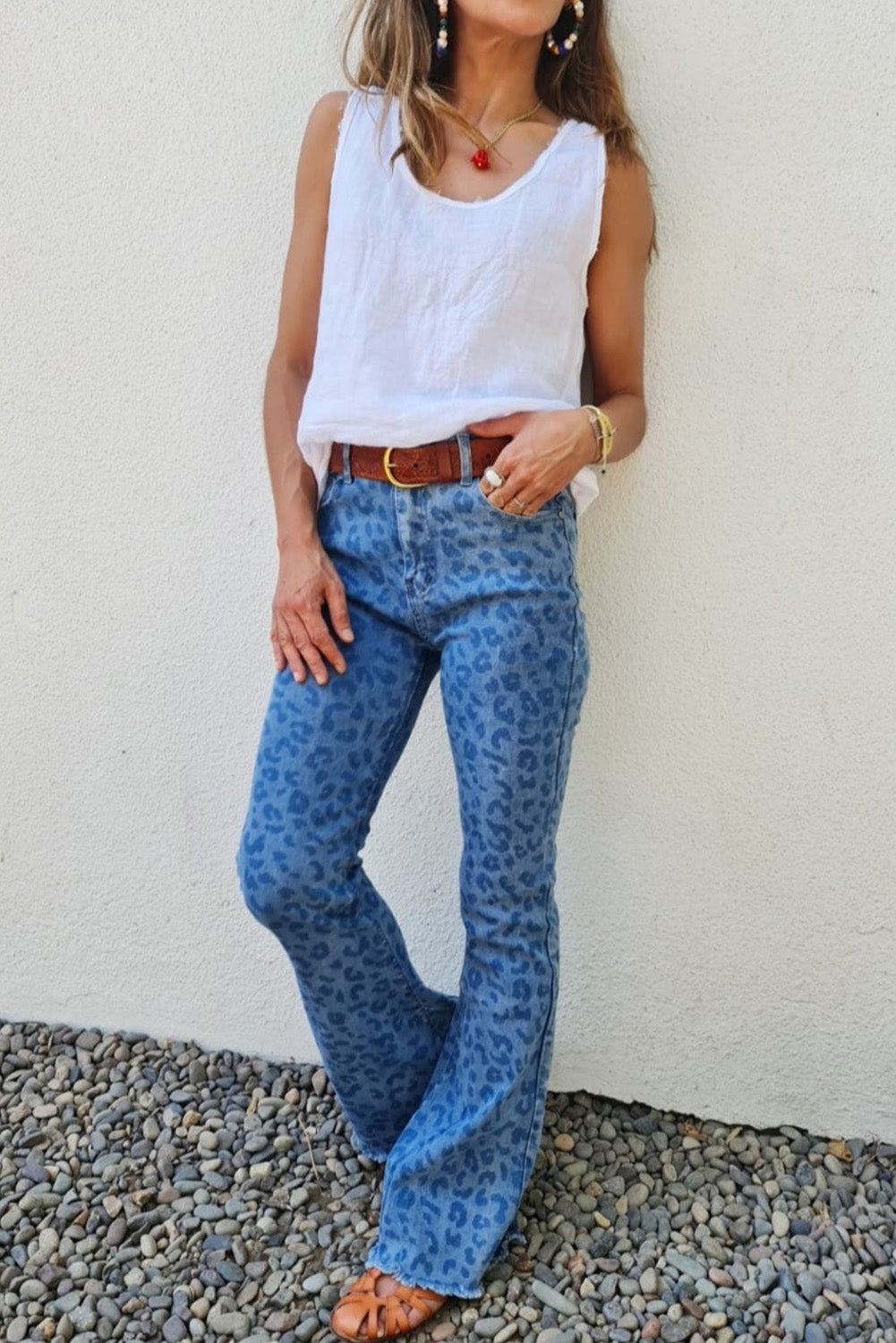 Sky Blue Leopard Print Raw Hem High Waist Flare Jeans Greta Bean & Co.