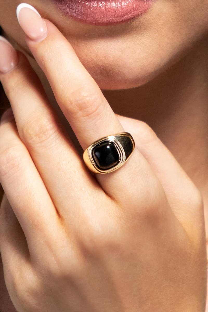 Natural Stone Round Square Ring: Dalmatian(Gddal) / OS - Greta Bean & Co.