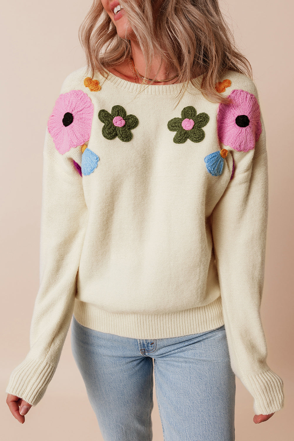 Beige Knitted Flower Pattern Ribbed Edge Sweater - Greta Bean & Co.