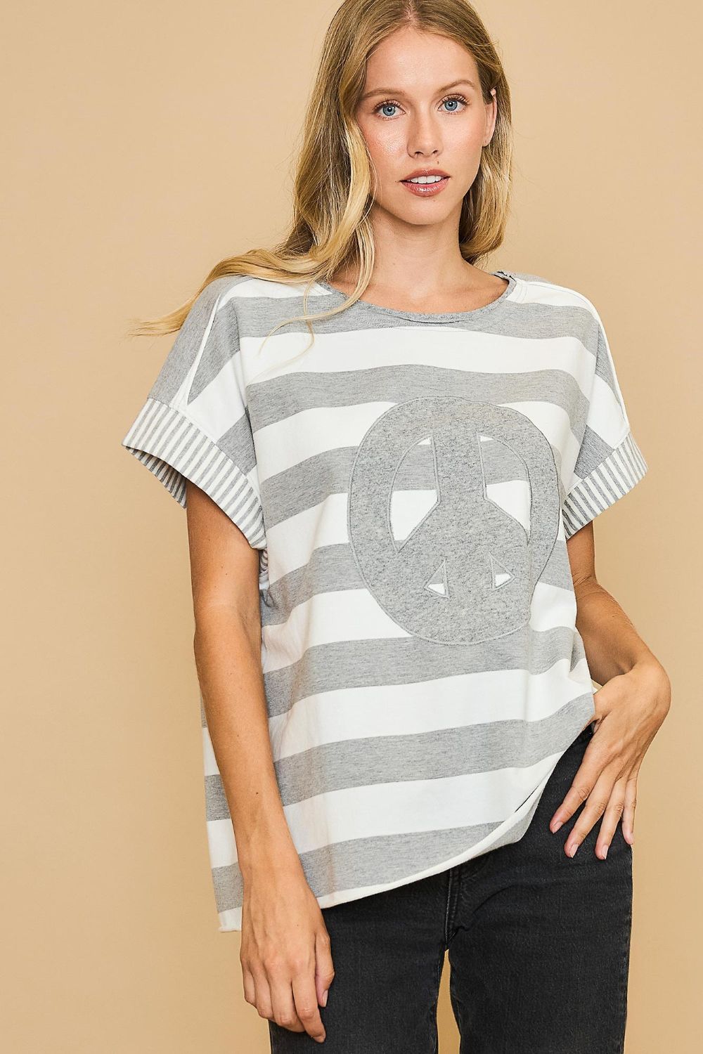 Umgee Peace Sign Patch Striped French Terry T-Shirt Trendsi