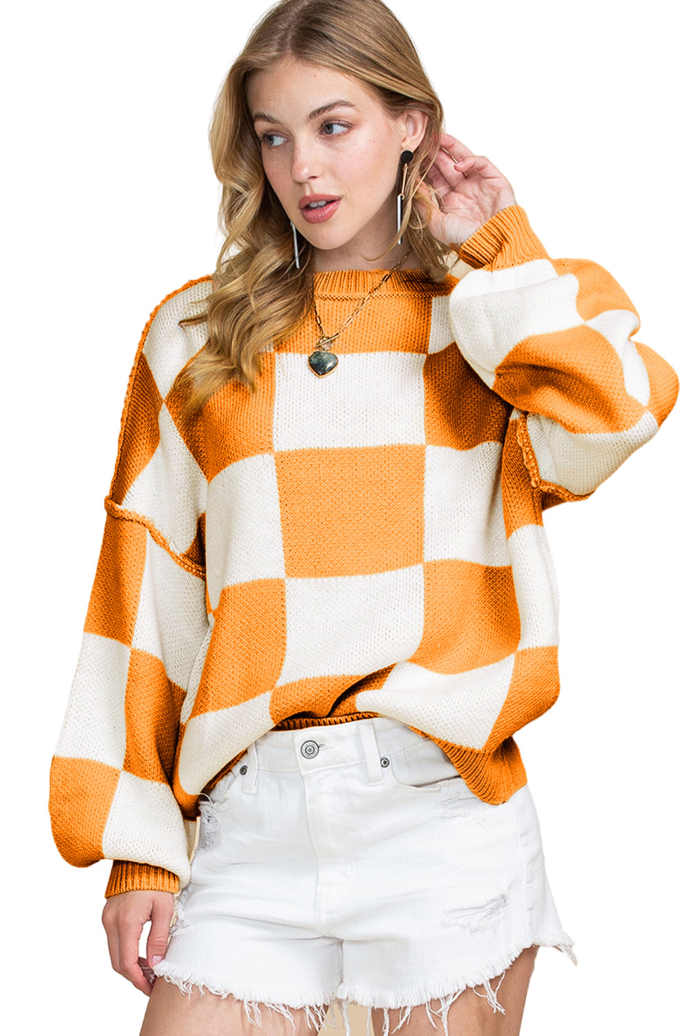 Orange & White Plaid Exposed Seam Bishop Sleeve Sweater - Greta Bean & Co.