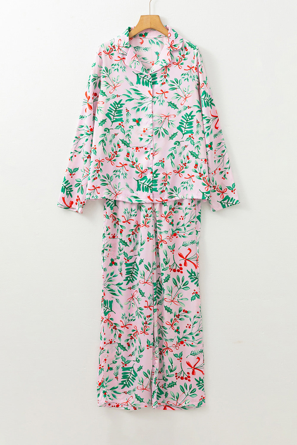 Pink Christmas Berries Plant Print Satin Long Sleeve Pajama Set Dear-Lover Dropshipping