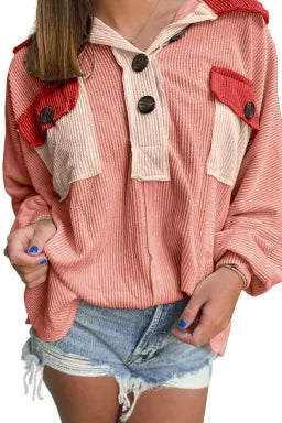 Multicolor Patchwork Corduroy Pocket Henley Collared Top - Greta Bean & Co.