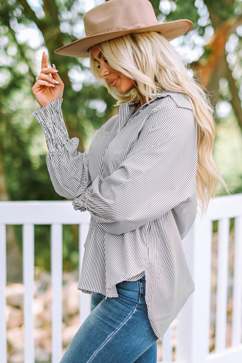 Black Striped Casual Shirred Cuffs Shirt Greta Bean & Co.