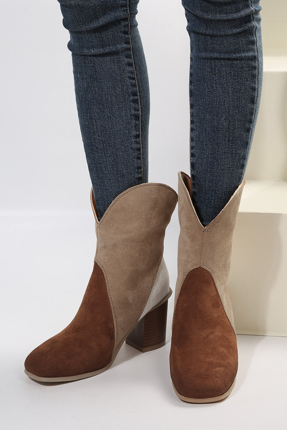Chestnut Colorblock Suede Heeled Ankle Booties Greta Bean & Co.