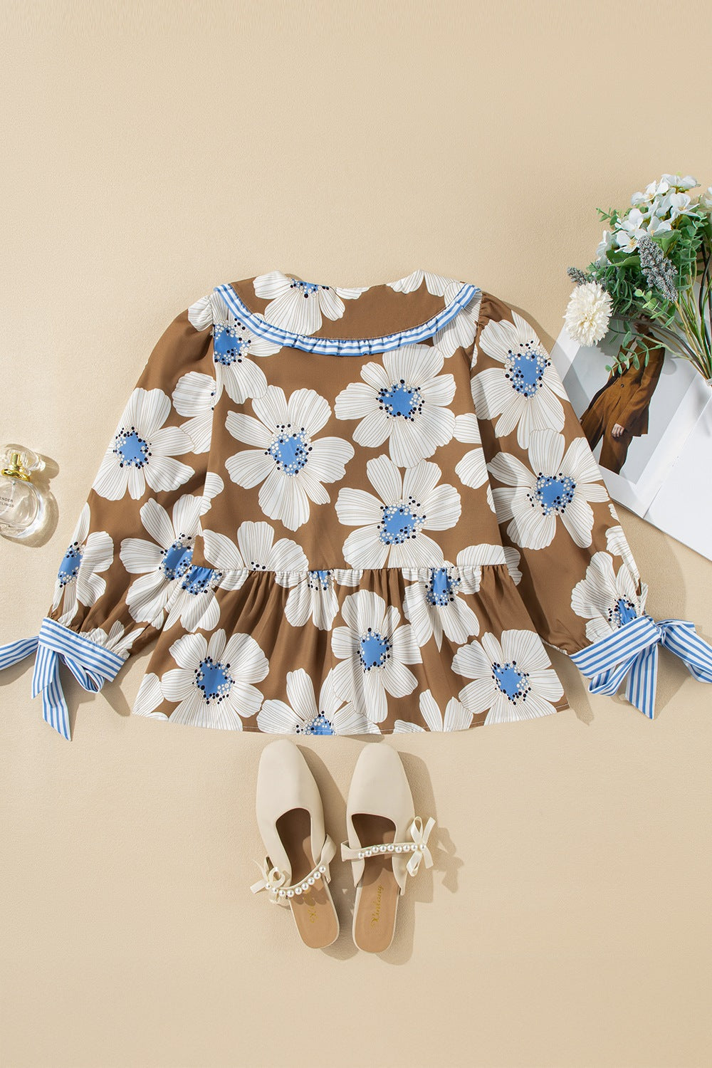 Floral & Striped Tie Sleeve Blouse Trendsi