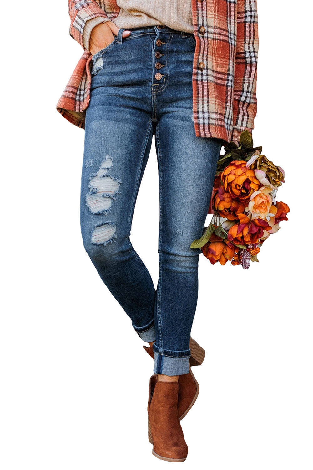 Blue Distressed Button Fly High Waist Skinny Jeans Greta Bean & Co.