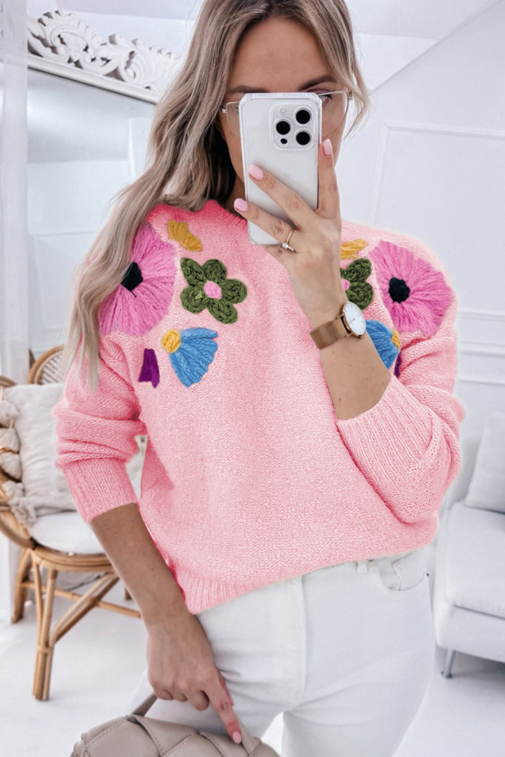 Beige Knitted Flower Pattern Ribbed Edge Sweater - Greta Bean & Co.