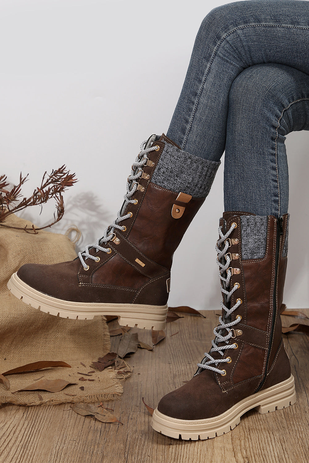 Coffee Wool Knit Patchwork Lace Up Leather Boots - Greta Bean & Co.