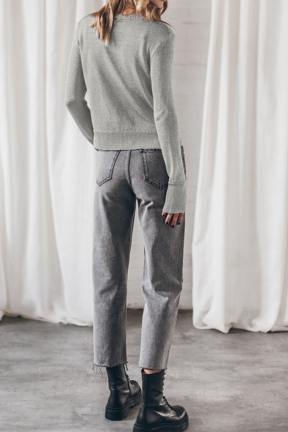 Ribbed Hem Round Neck Long Sleeve Sweater Trendsi