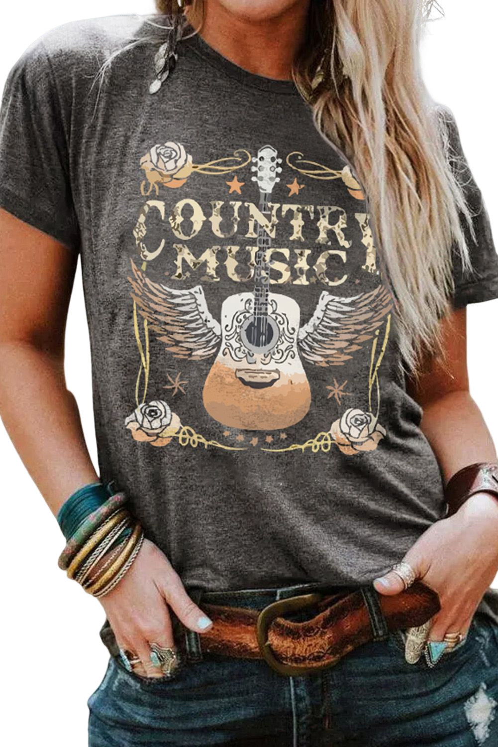 Gray COUNTRY MUSIC Guitar Graphic Print Crew Neck T Shirt Greta Bean & Co.