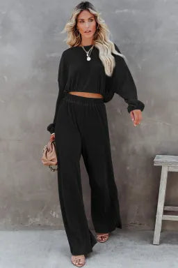 Black Cropped Pullover and Wide Leg Pants Set Greta Bean & Co.