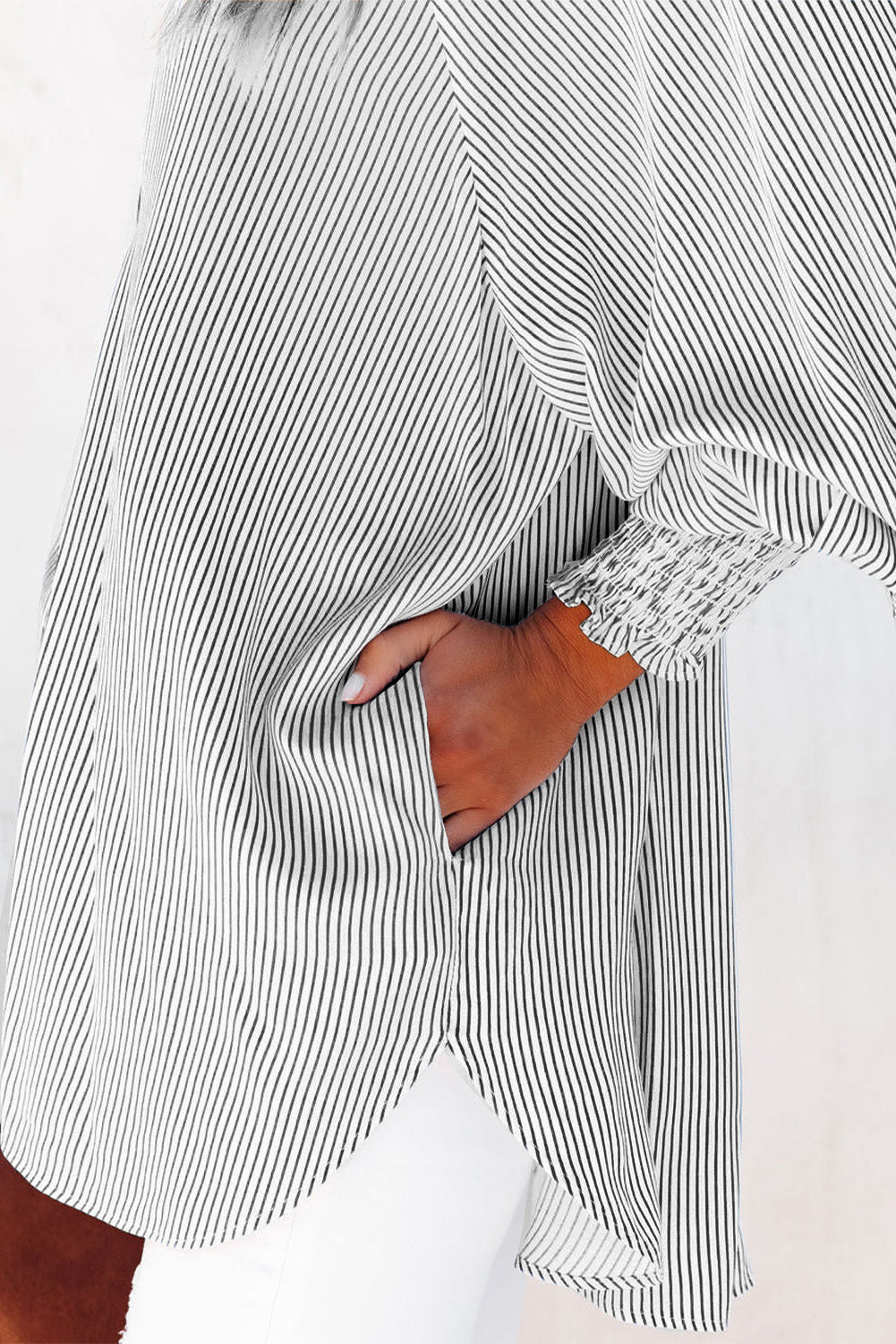 Black Striped Casual Shirred Cuffs Shirt Greta Bean & Co.