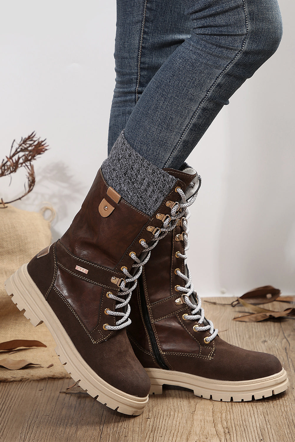Coffee Wool Knit Patchwork Lace Up Leather Boots - Greta Bean & Co.