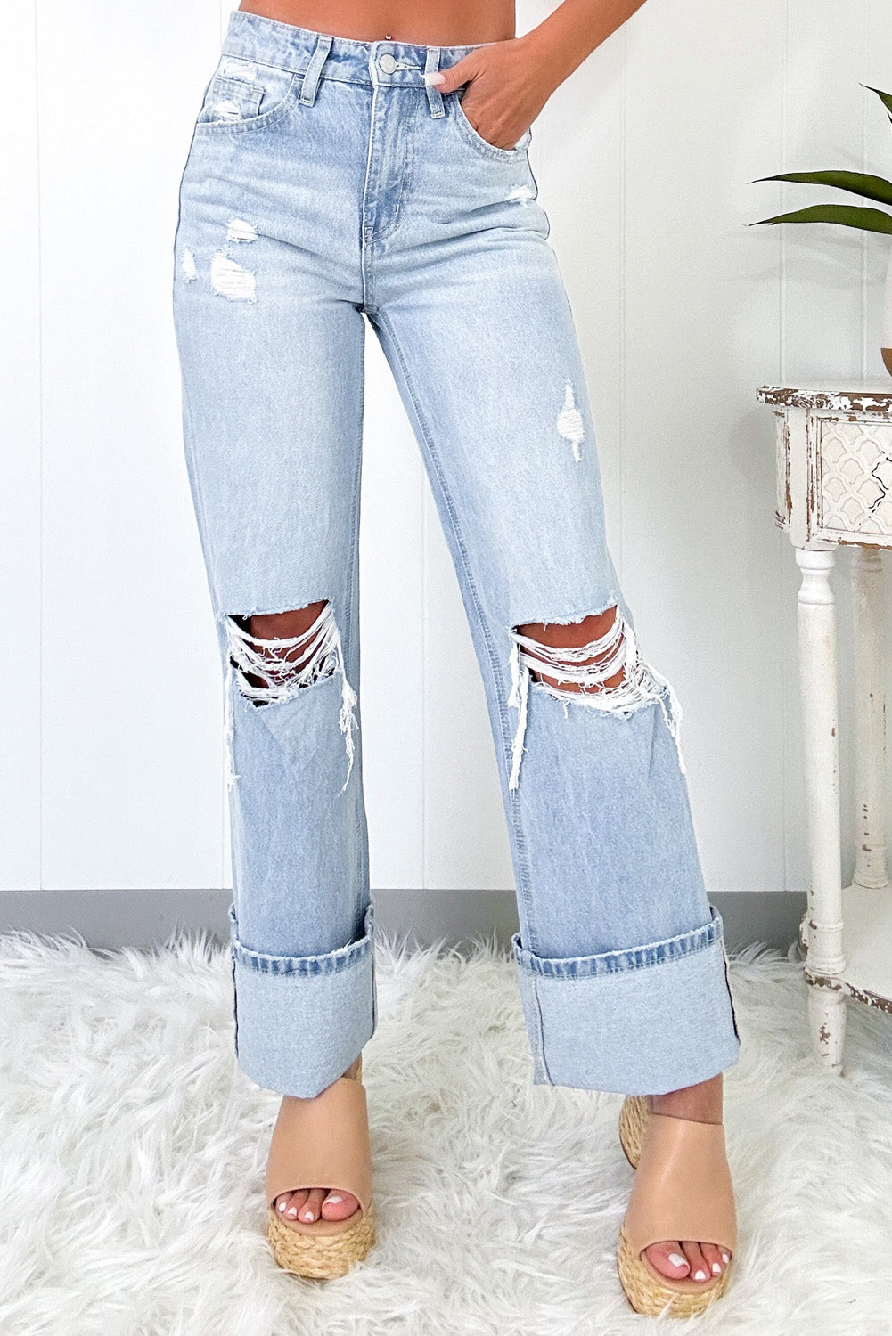 Beau Blue Light Wash Distressed Flare Jeans Greta Bean & Co.