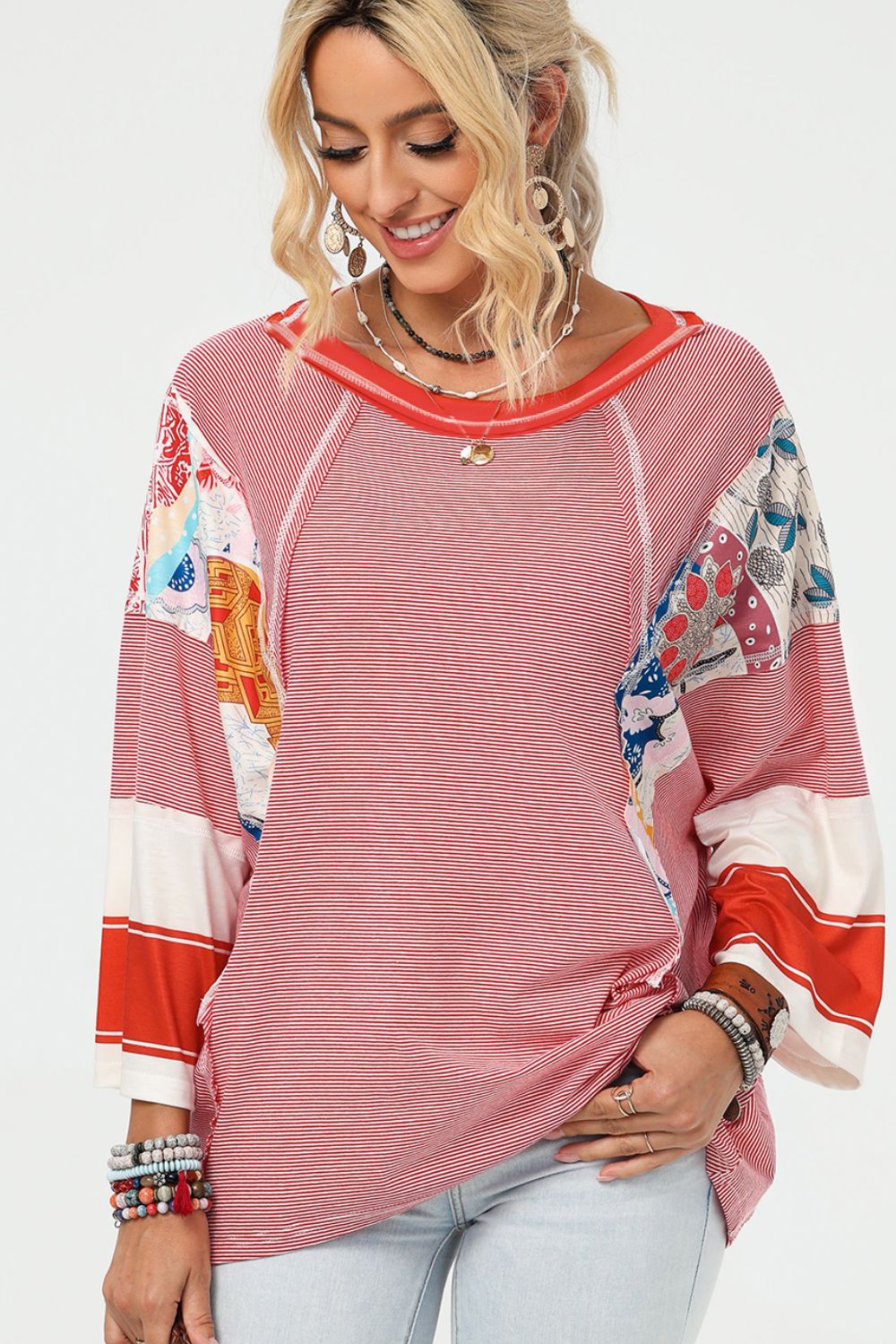 Striped Floral Patchwork Round Neck Top Trendsi