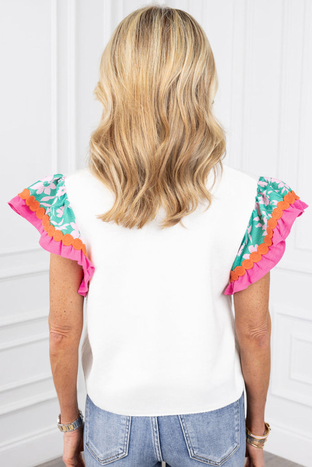 White Color Block Floral Print Ruffle Sleeve Blouse Greta Bean & Co.