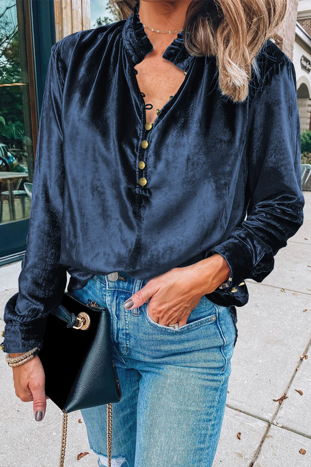 Navy Blue Frilled Buttoned V Neck Velvet Blouse Shewin