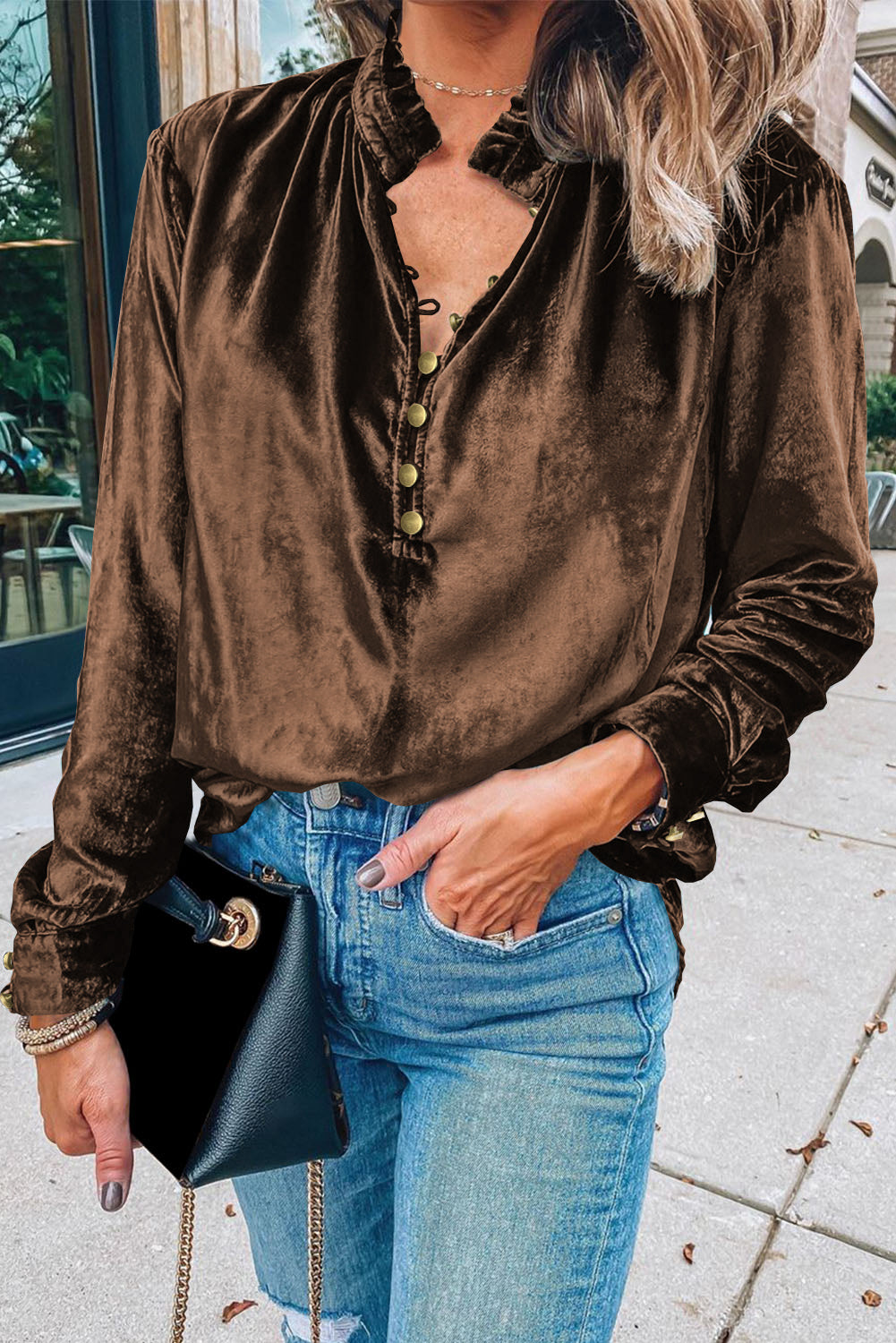 Desert Palm Frilled Neck Buttoned Front Velvet Top Shewin
