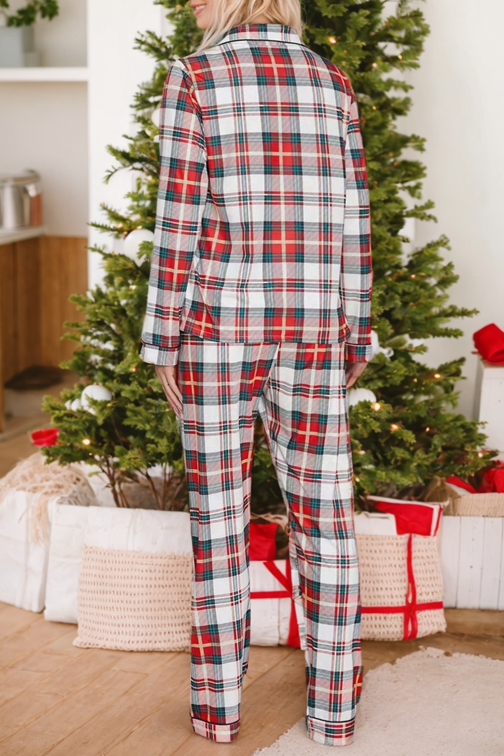 Red Christmas Plaid Print Two Piece Long Sleeve Pajamas Set Dear-Lover Dropshipping