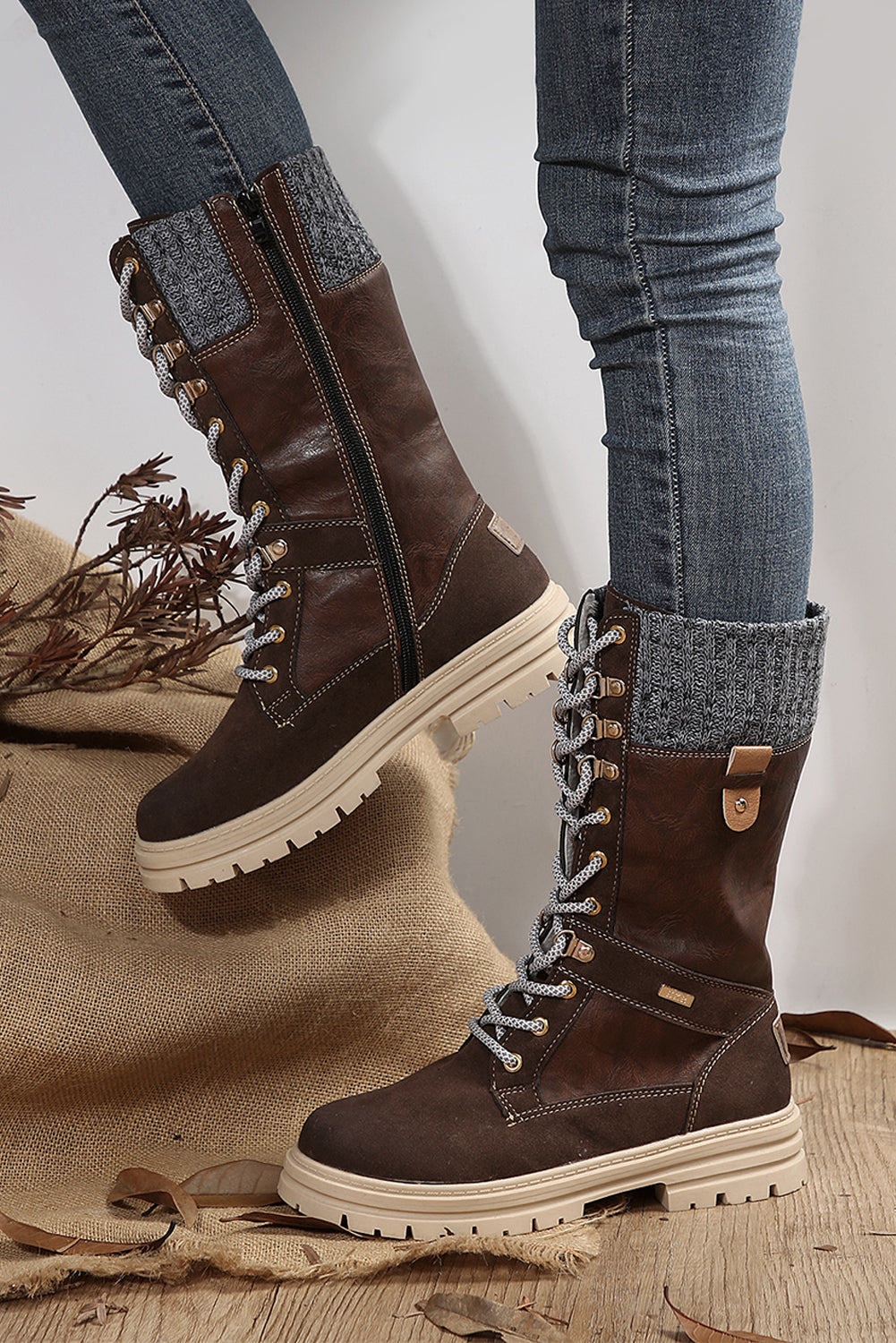 Coffee Wool Knit Patchwork Lace Up Leather Boots - Greta Bean & Co.