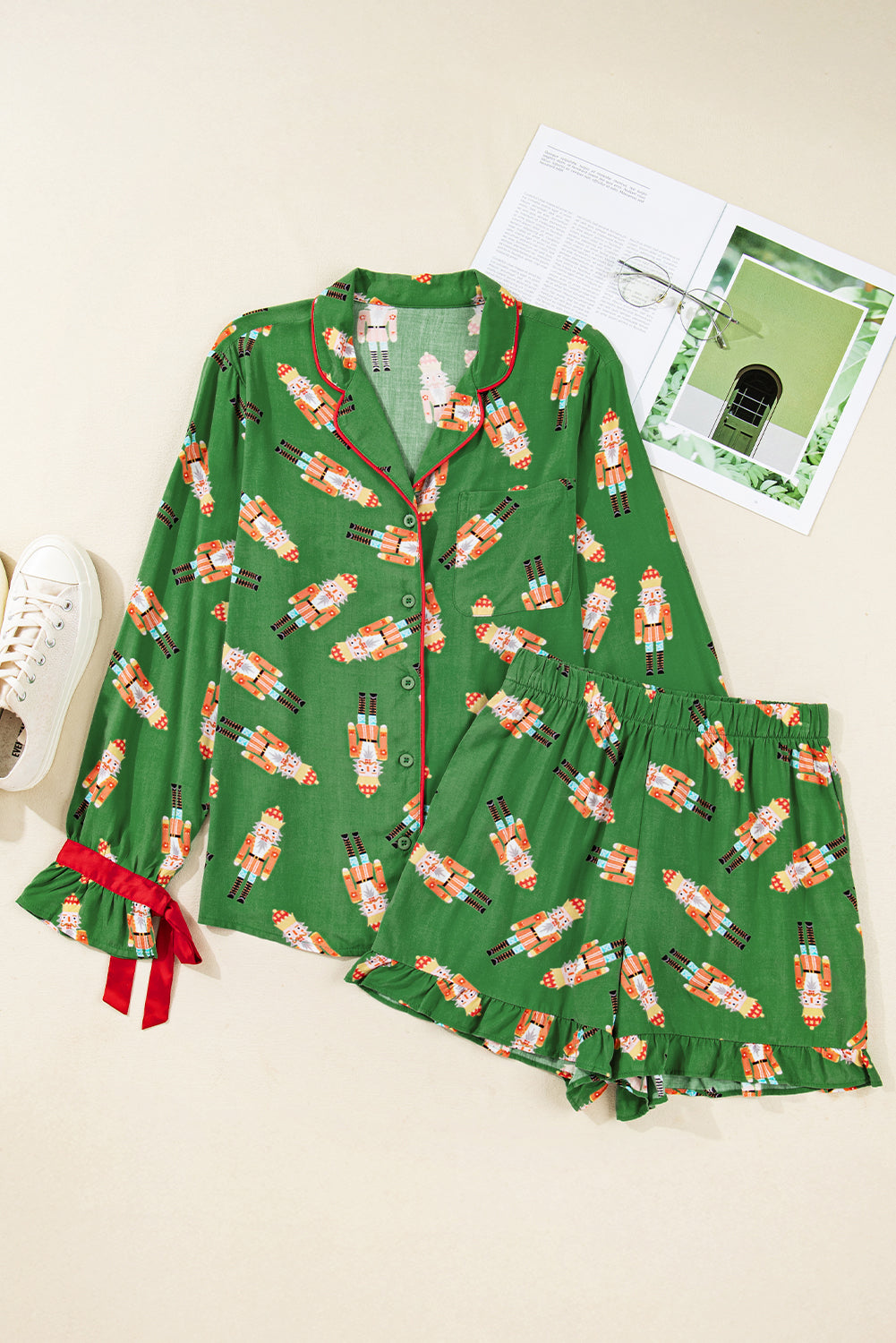 Pink Christmas Candy Contrast Trim Bow Knot Silky 2pcs Pajama Set Dear-Lover Dropshipping