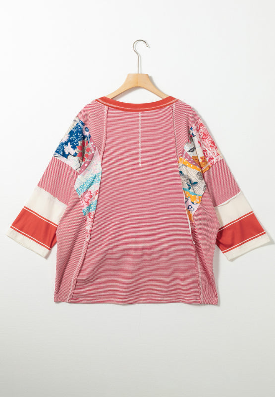 Striped Floral Patchwork Round Neck Top Trendsi