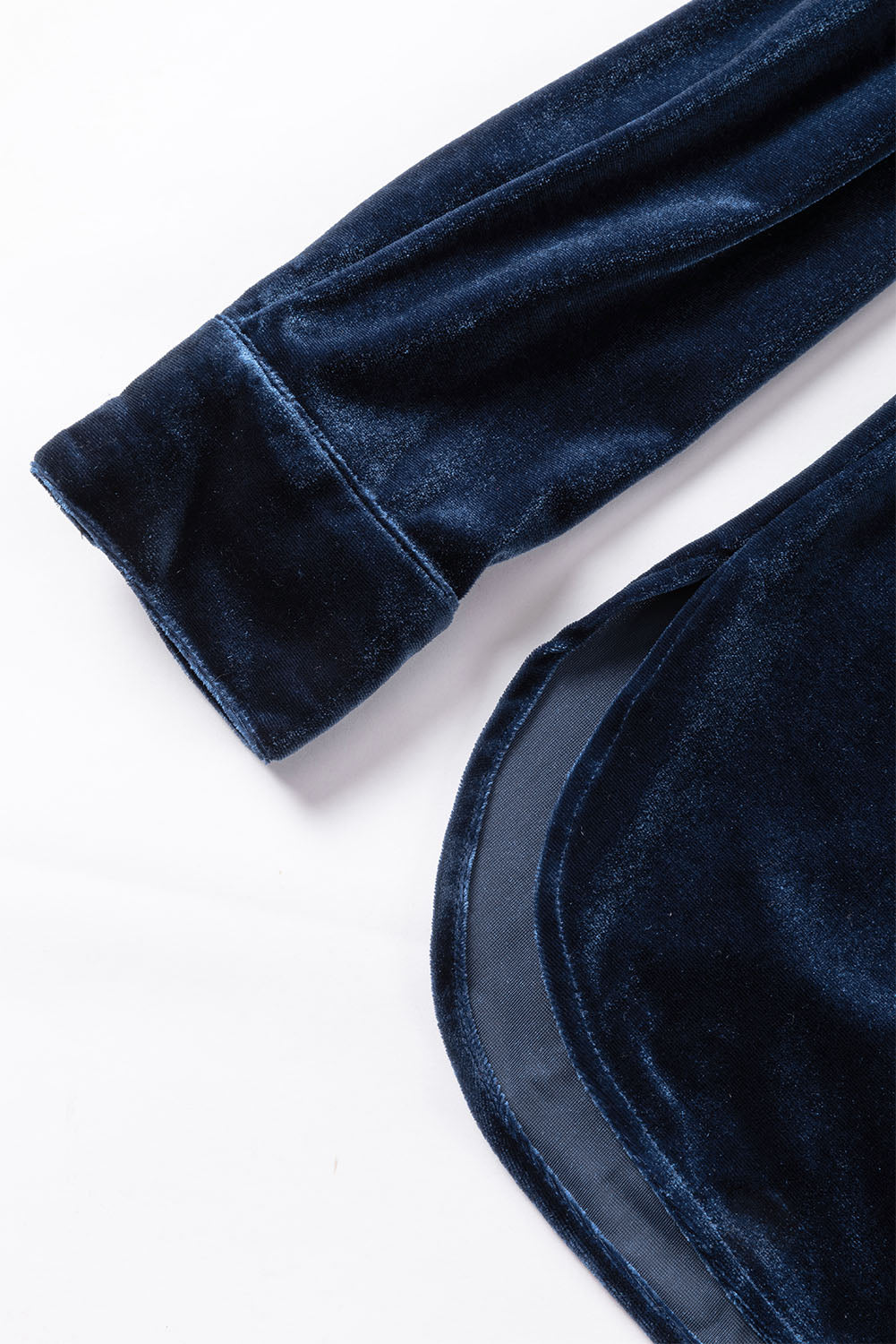 Navy Blue Frilled Buttoned V Neck Velvet Blouse Shewin