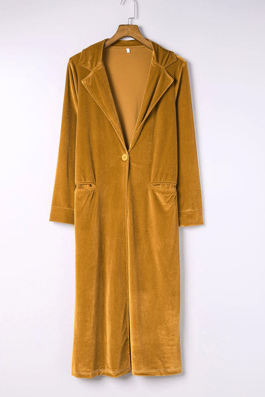 Mustard Velvet Lapel Pocket Long Cardigan - Greta Bean & Co.