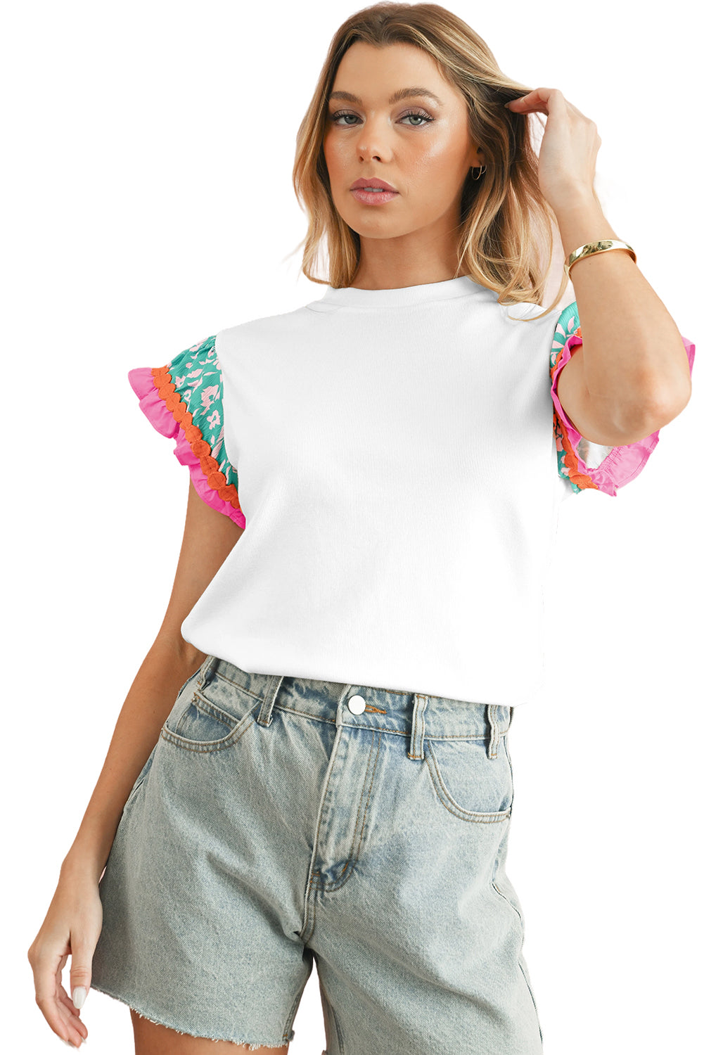 White Color Block Floral Print Ruffle Sleeve Blouse Greta Bean & Co.