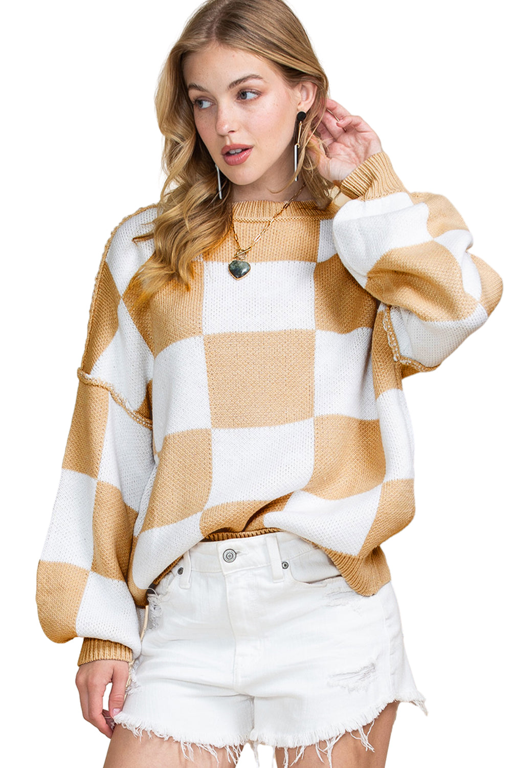Khaki Plaid Bishop Sleeve Pullover Sweater - Greta Bean & Co.