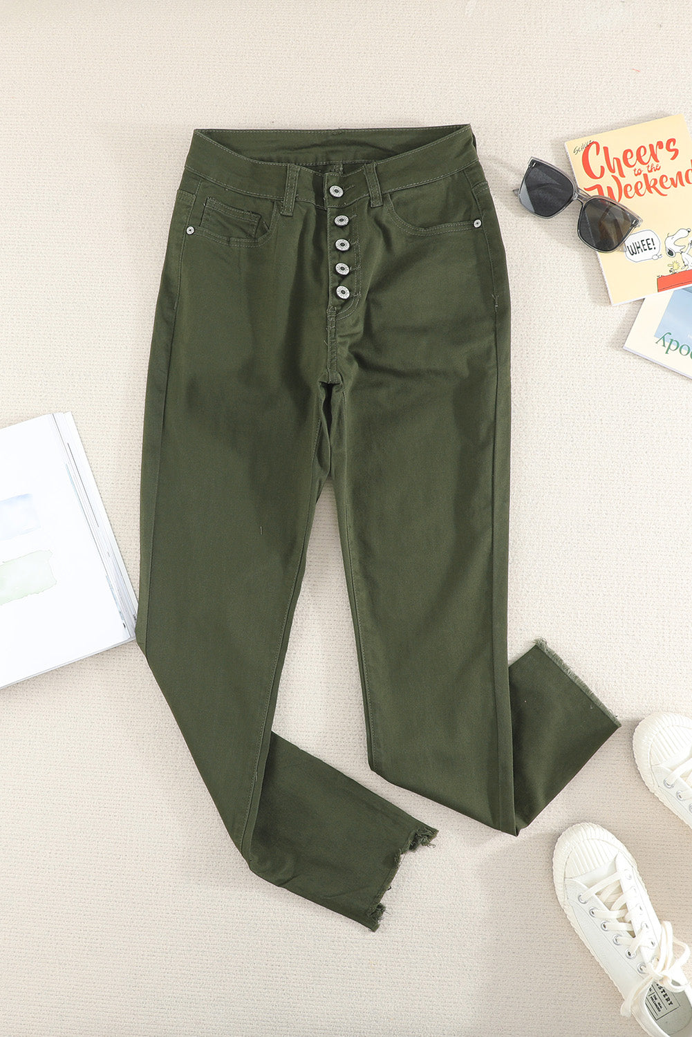 Green Plain High Waist Buttons Frayed Cropped Denim Jeans Greta Bean & Co.