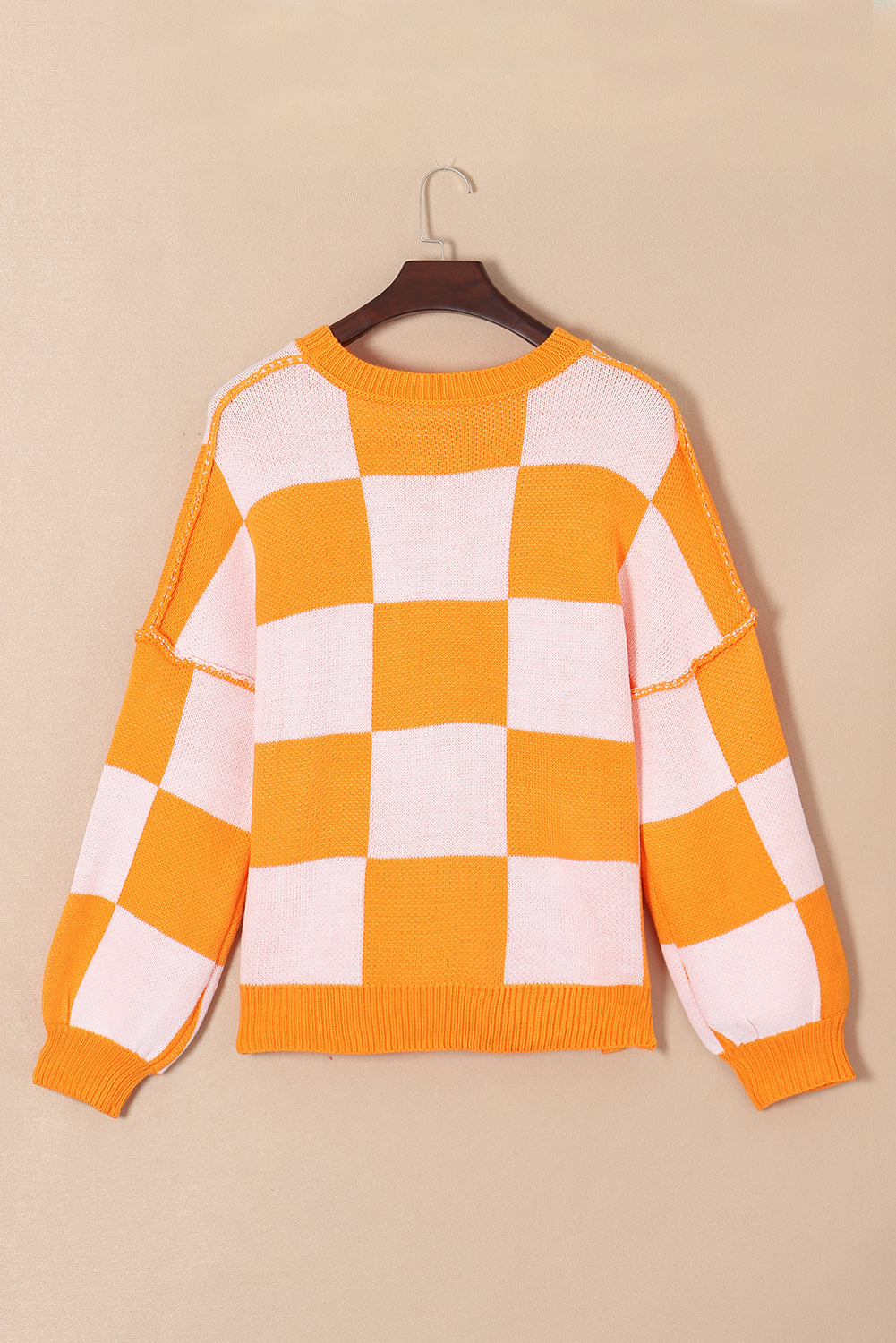 Orange & White Plaid Exposed Seam Bishop Sleeve Sweater - Greta Bean & Co.