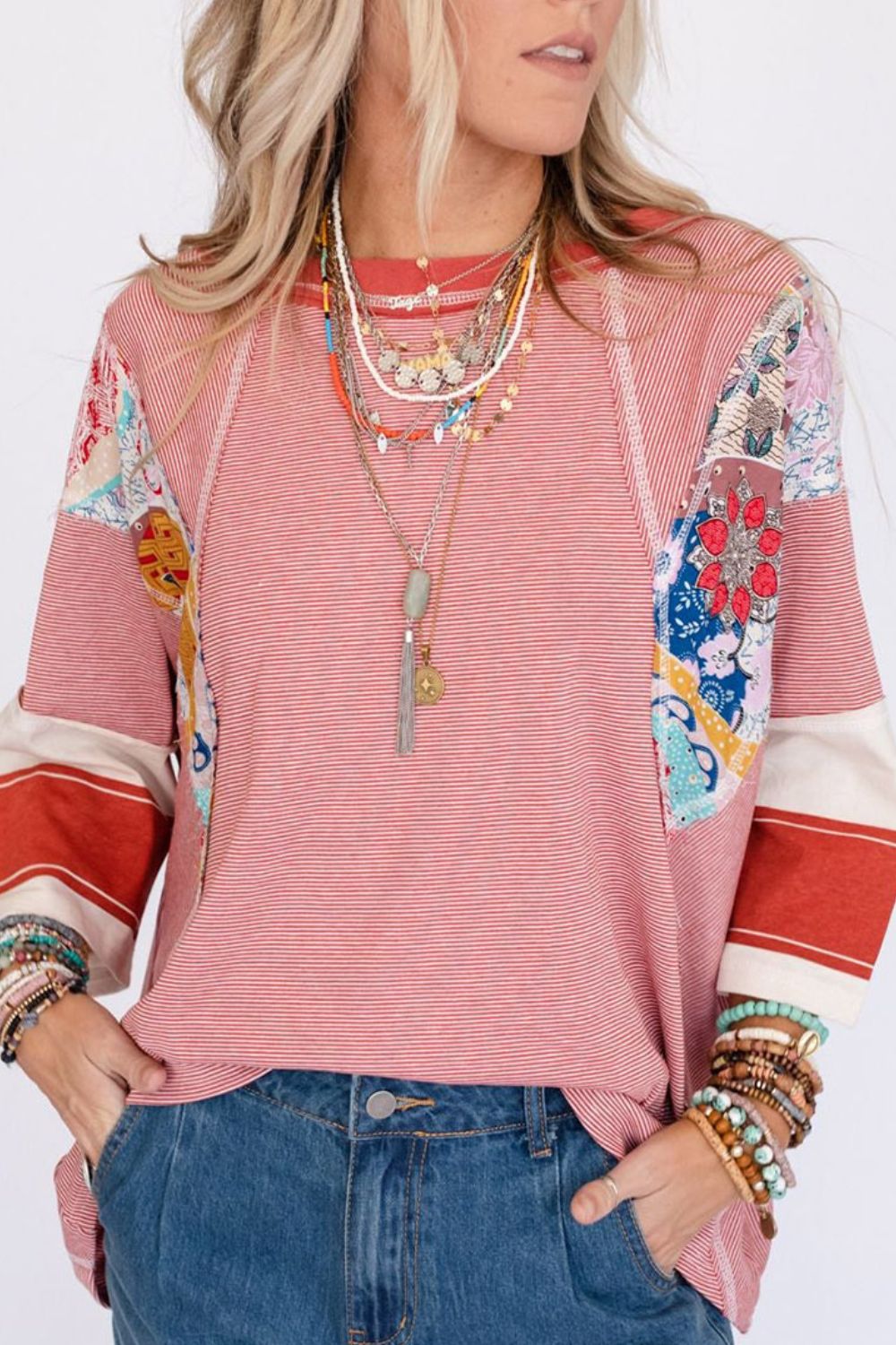 Striped Floral Patchwork Round Neck Top Trendsi