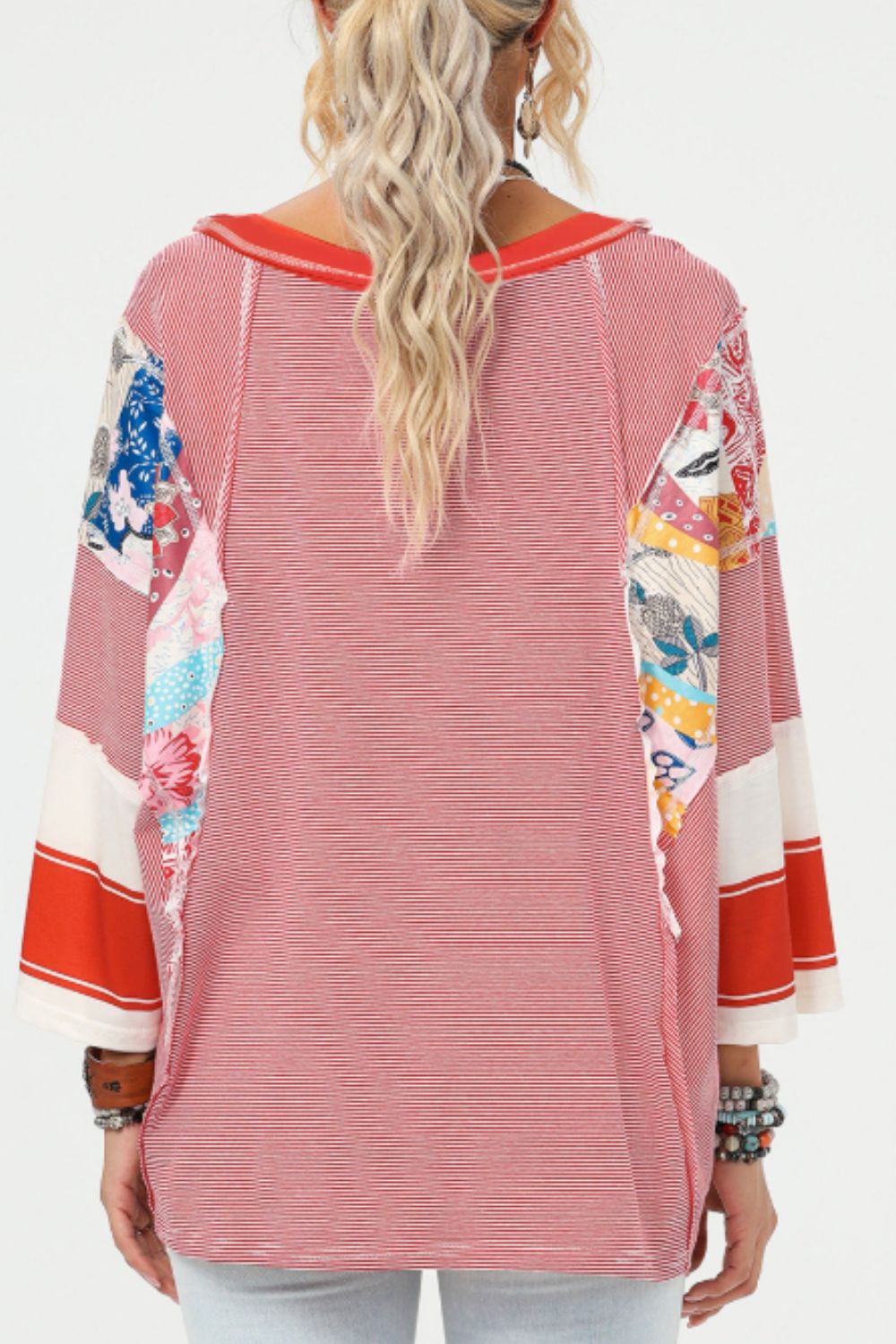 Striped Floral Patchwork Round Neck Top Trendsi
