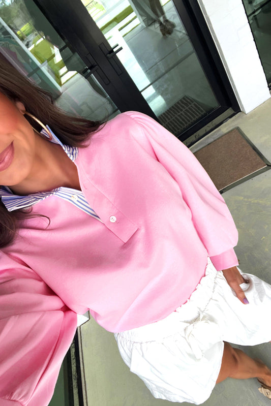 Bonbon Button Striped Collar Patchwork Puff Sleeve Sweatshirt Dear-Lover Dropshipping