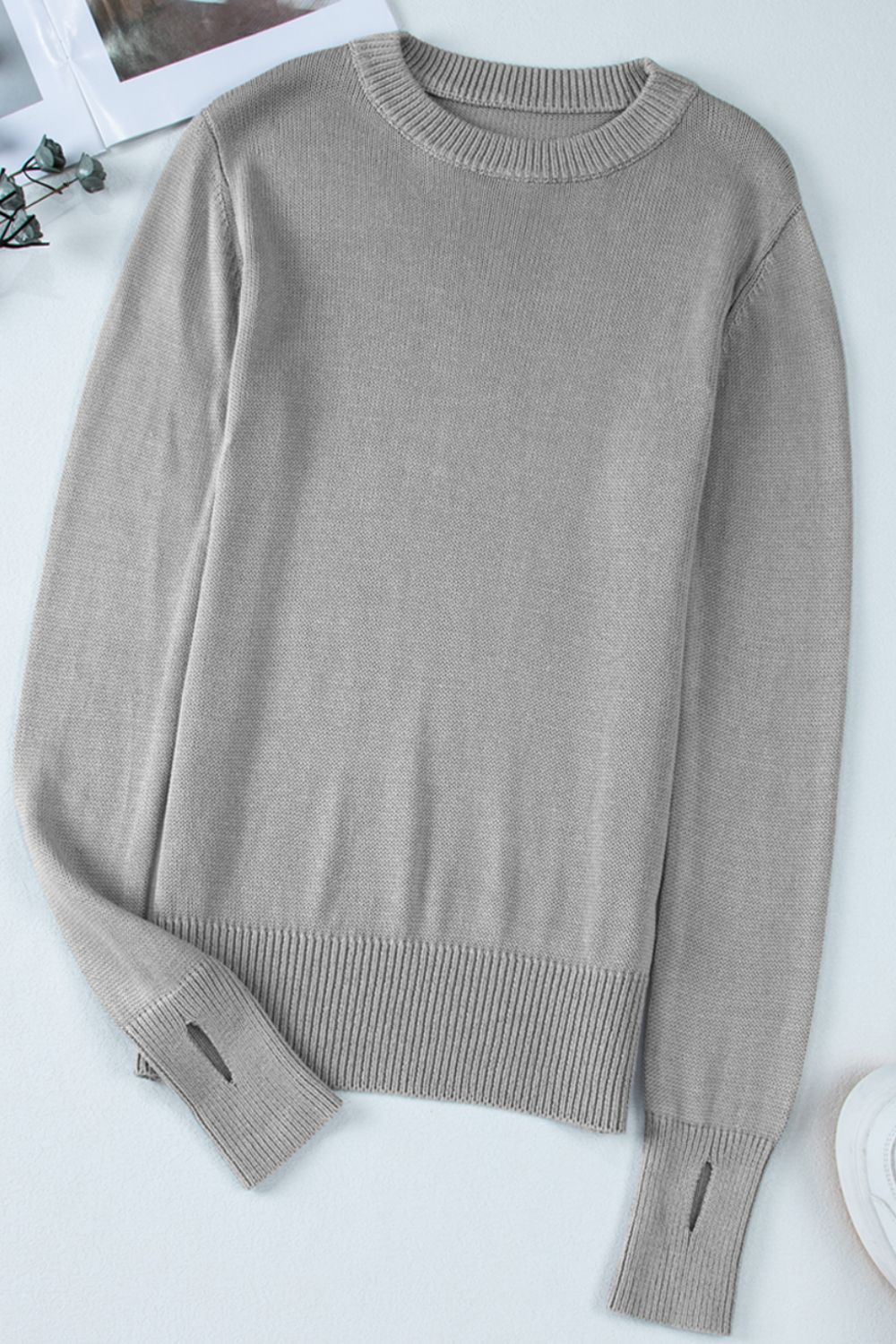 Ribbed Hem Round Neck Long Sleeve Sweater Trendsi