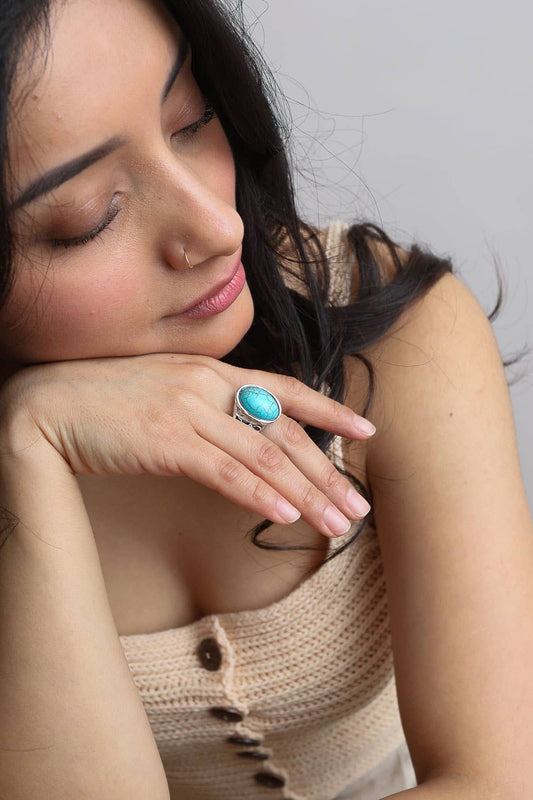 Bohemian Oval Cut Adjustable Turquoise Ring - Greta Bean & Co.