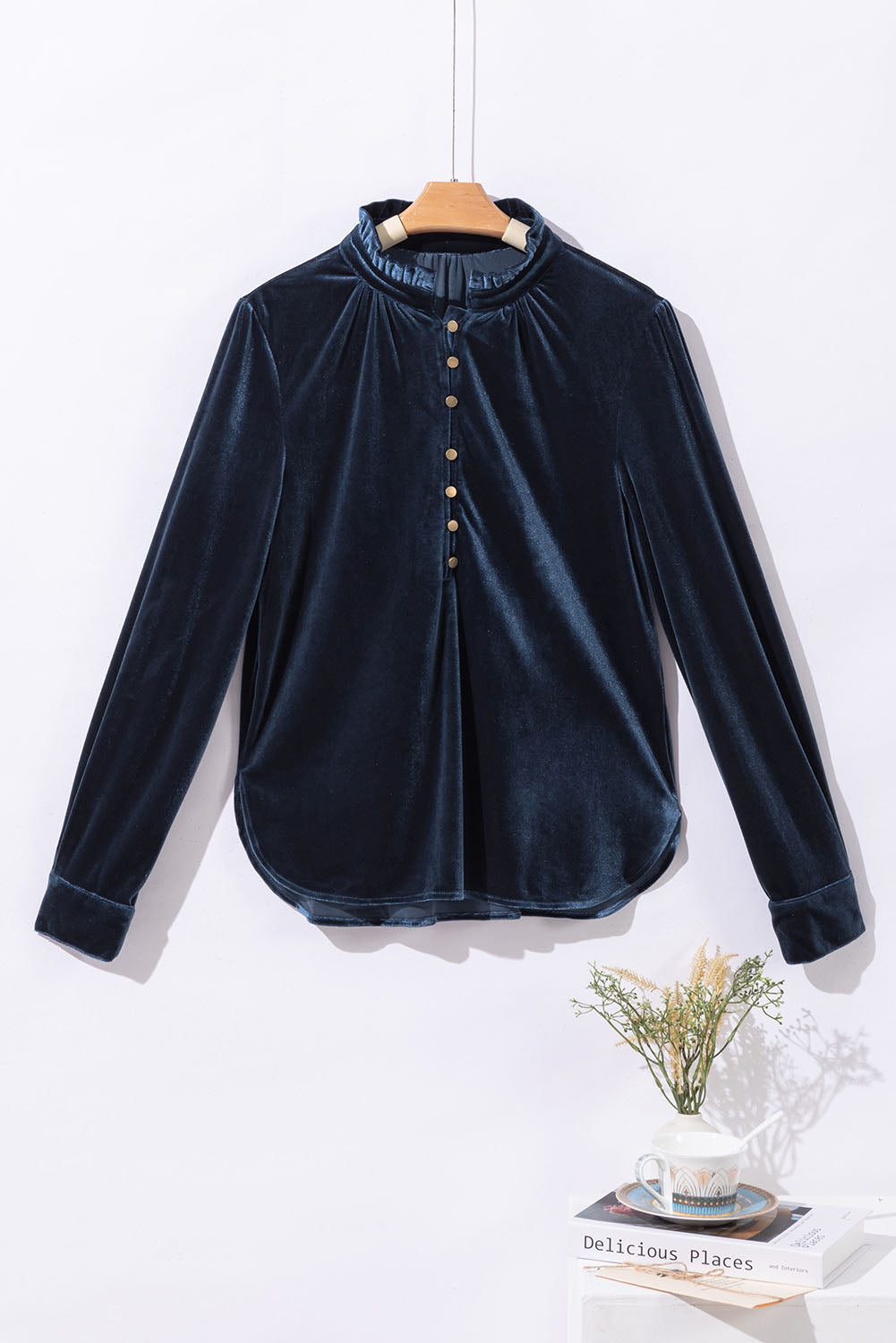 Navy Blue Frilled Buttoned V Neck Velvet Blouse Shewin