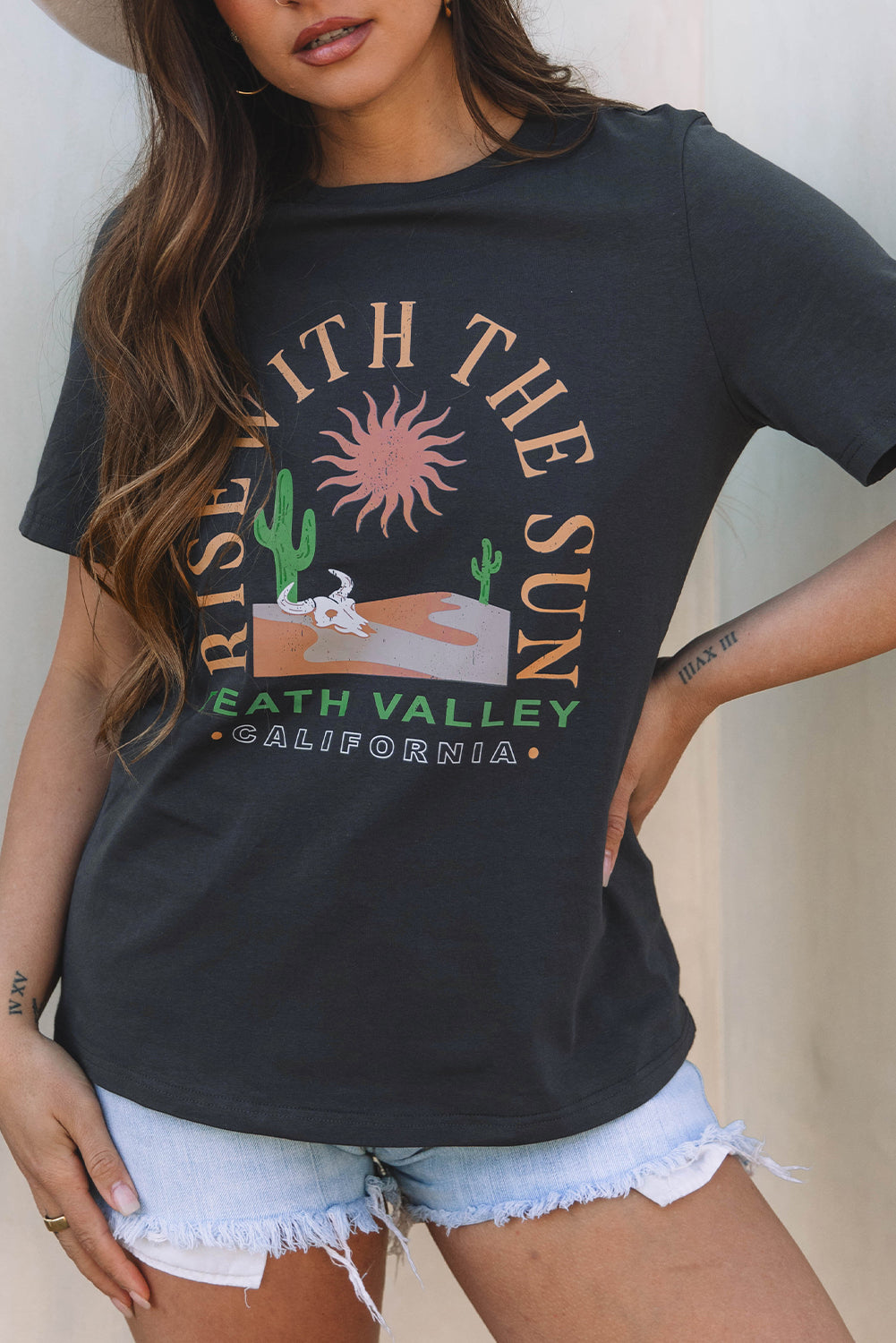 Dark Grey RISE WITH THE SUN Western Fashion Graphic Tee - Greta Bean & Co.