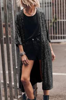 Black Sequin 3/4 Sleeve Open Front Duster Cardigan Greta Bean & Co.